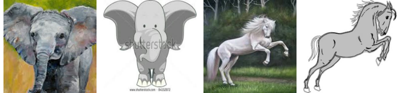 Four PACS images: an elephant painting, a cartoon elephant, a horse painting, and a cartoon horse.
